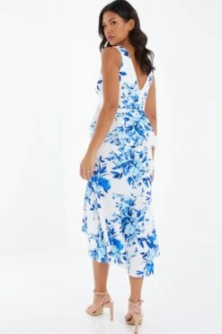 Blue Floral Dip Hem Frill Midi Dress -Princess Style Shop 00100037491 XB