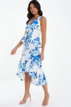Blue Floral Dip Hem Frill Midi Dress -Princess Style Shop 00100037491 XS