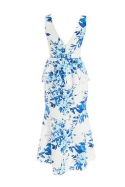 Blue Floral Dip Hem Frill Midi Dress -Princess Style Shop 00100037491 ZB
