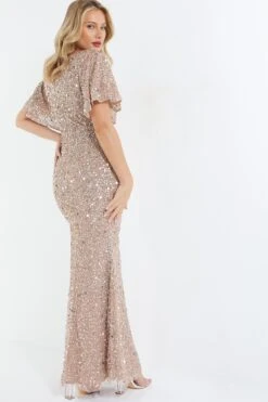 Taupe Sequin Batwing Maxi Dress -Princess Style Shop 00100037505 XB