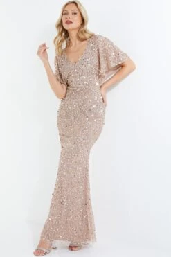 Taupe Sequin Batwing Maxi Dress -Princess Style Shop 00100037505 XS