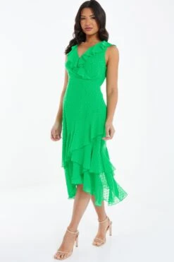 Green Chiffon Dobby Wrap Midi Dress -Princess Style Shop 00100037558 XS