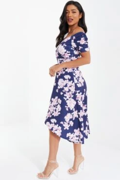 Navy Floral Bardot Dip Hem Midi Dress -Princess Style Shop 00100037576 XS