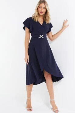 Navy Wrap Dip Hem Midi Dress -Princess Style Shop 00100037578 XS