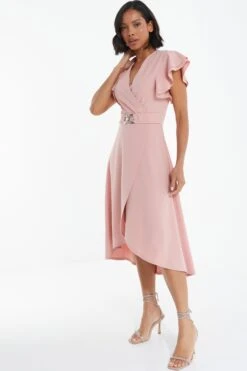 Pink Wrap Dip Hem Midi Dress -Princess Style Shop 00100037579 XS