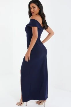 Navy Ruched Bardot Maxi Dress -Princess Style Shop 00100037580 XB
