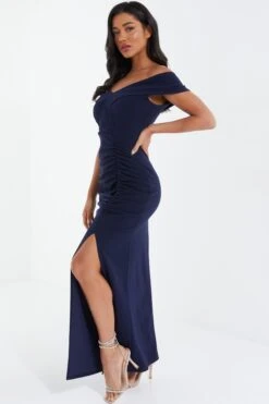 Navy Ruched Bardot Maxi Dress -Princess Style Shop 00100037580 XS