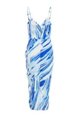 Blue Satin Brush Stroke Ruched Midi Dress -Princess Style Shop 00100037587 ZB