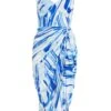 Blue Satin Brush Stroke Ruched Midi Dress