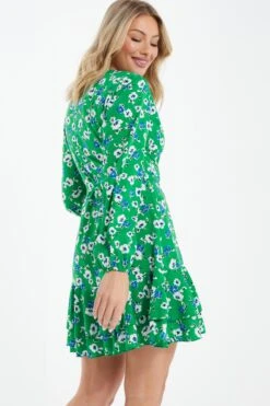 Green Floral Print Skater Mini Dress -Princess Style Shop 00100037629 XB