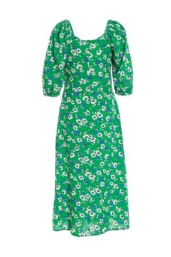 Green Floral Print Ruched Midi Dress -Princess Style Shop 00100037630 ZB