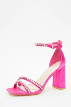 Wide Fit Pink Satin Block Heeled Sandals -Princess Style Shop 00100037652 XB