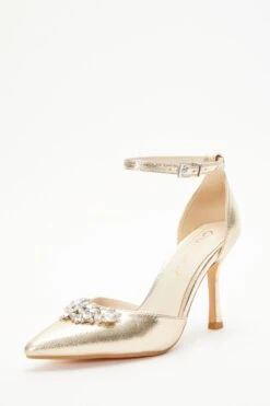Wide Fit Gold Foil Diamante Court Heels -Princess Style Shop 00100037674 XB