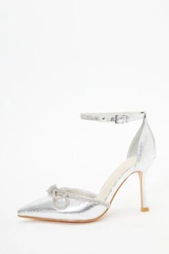 Wide Fit Silver Diamante Bow Court Heels