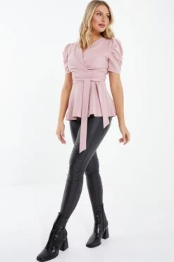 Light Pink Puff Sleeve Peplum Top -Princess Style Shop 00100037694 XS