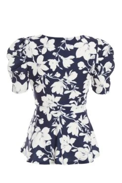 Navy Floral Puff Sleeve Peplum Top -Princess Style Shop 00100037695 ZB