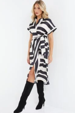 Stone Satin Stripe Print Midi Shirt Dress -Princess Style Shop 00100037714 XS