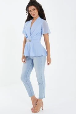 Light Blue Chiffon Sleeve Peplum Top -Princess Style Shop 00100037770 XS