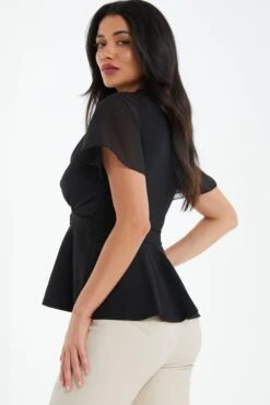 Black Chiffon Sleeve Peplum Top -Princess Style Shop 00100037772 XB