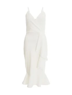 White Jacquard Frill Detail Midi Dress