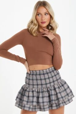 Stone Check Print Ruched Frill Mini Skirt -Princess Style Shop 00100037831 XM