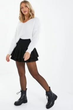 Black Ruched Frill Mini Skirt -Princess Style Shop 00100037833 XS