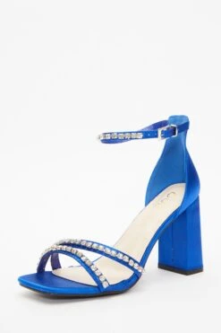 Wide Fit Blue Satin Block Heeled Sandals -Princess Style Shop 00100037838 XB