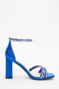 Wide Fit Blue Satin Block Heeled Sandals -Princess Style Shop 00100037838 ZS