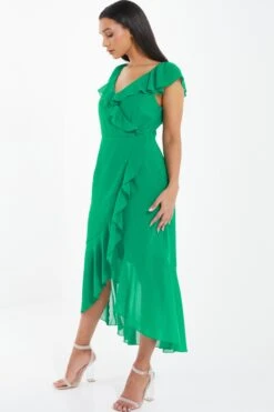 Green Wrap Frill Midi Dress -Princess Style Shop 00100037904 XS