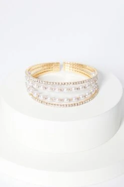 Bridal Gold Diamante Pearl Cuff Bracelet