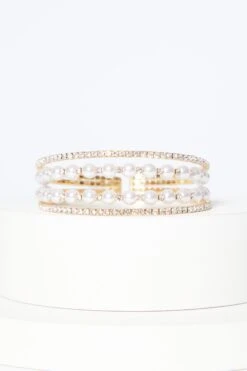 Bridal Gold Diamante Pearl Cuff Bracelet -Princess Style Shop 00100037916 ZS