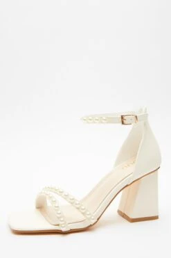 Bridal White Faux Leather Pearl Heeled Sandals