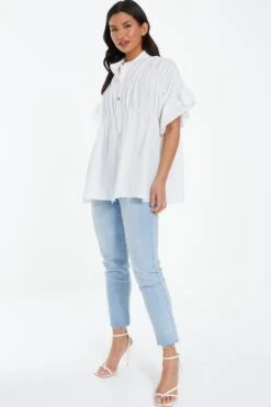 White Button Ruched Blouse -Princess Style Shop 00100037996 XS