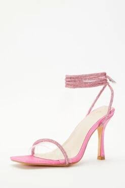 Pink Satin Clear Ankle Tie Heeled Sandals -Princess Style Shop 00100038023 XB