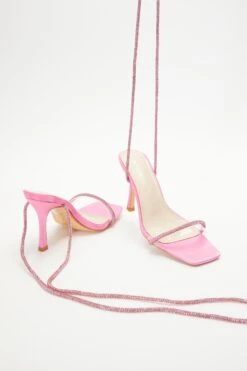 Pink Satin Clear Ankle Tie Heeled Sandals -Princess Style Shop 00100038023 XS
