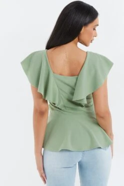Sage Frill Sleeve Buckle Peplum Top -Princess Style Shop 00100038058 XB