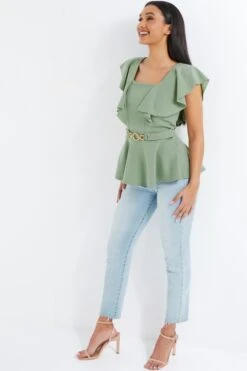 Sage Frill Sleeve Buckle Peplum Top -Princess Style Shop 00100038058 XS