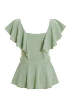 Sage Frill Sleeve Buckle Peplum Top -Princess Style Shop 00100038058 ZB