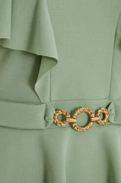 Sage Frill Sleeve Buckle Peplum Top -Princess Style Shop 00100038058 ZS