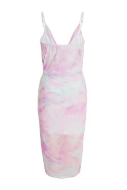 Pink Mesh Marble Print Ruched Midi Dress -Princess Style Shop 00100038079 ZB