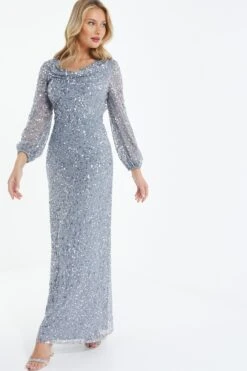 Grey Sequin Long Sleeve Maxi Dress -Princess Style Shop 00100038237 XB
