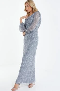 Grey Sequin Long Sleeve Maxi Dress -Princess Style Shop 00100038237 XS