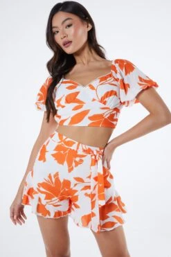 Orange Floral Frill Shorts -Princess Style Shop 00100038283 XM