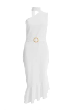 White Asymmetric Frill Bodycon Midi Dress