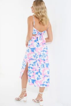 Blue Floral Satin Tie Back Midi Dress -Princess Style Shop 00100038338 XB