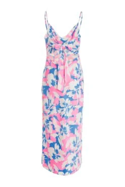 Blue Floral Satin Tie Back Midi Dress -Princess Style Shop 00100038338 ZB