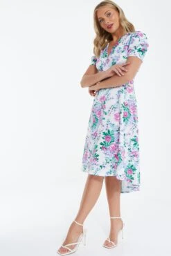 White Floral Puff Sleeve Midi Dress -Princess Style Shop 00100038342 XS