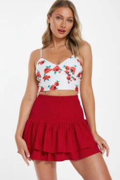 Red Ruched Frill Mini Skirt -Princess Style Shop 00100038420 XM