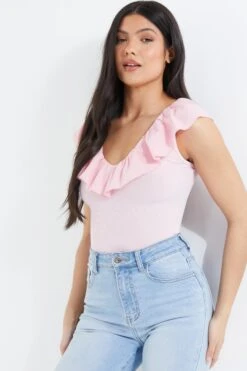 Light Pink Ribbed Frill Bodysuit -Princess Style Shop 00100038455 XM