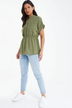 Khaki Button Ruched Blouse -Princess Style Shop 00100038465 XS